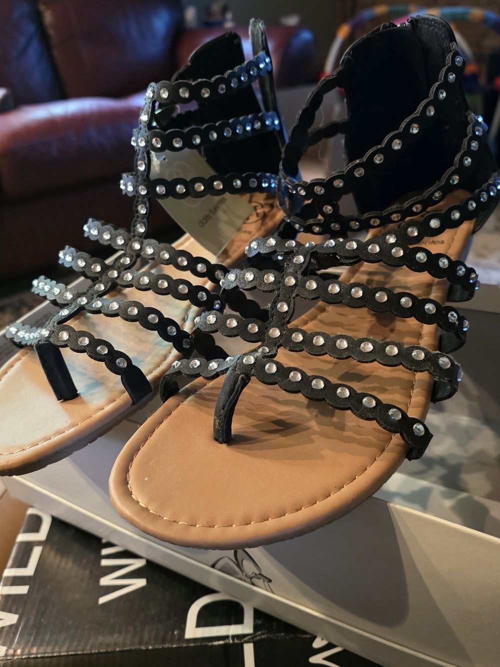 Black Rhinestone Gladiator Flat Sandals - Women